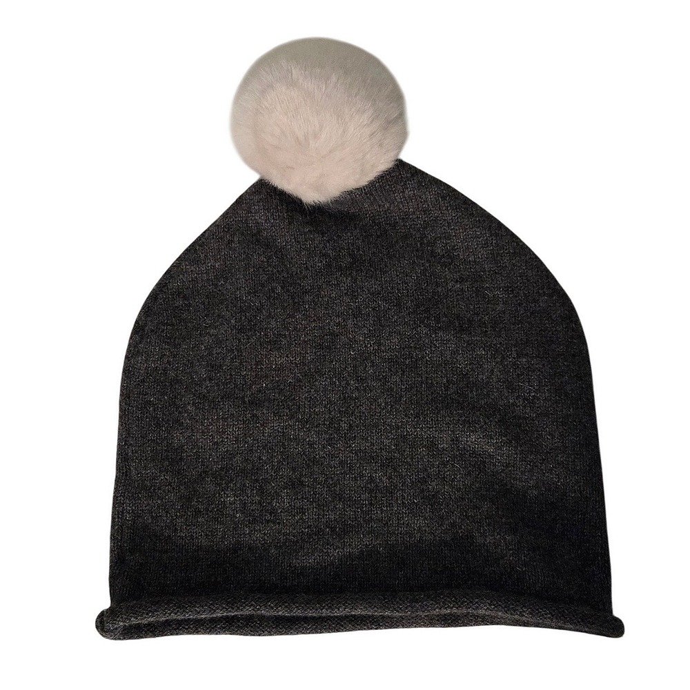 Ross & Snow 100% Cashmere Beanie Gray White Pom Pom Made In Italy Quiet Luxury